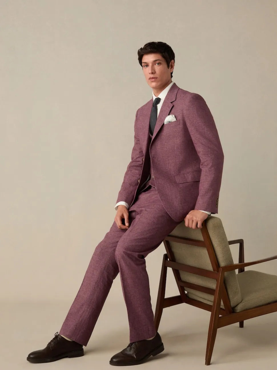 Pink Textured Linen Suit Waistcoat