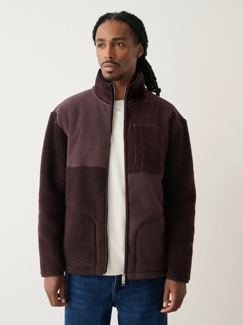Plum Purple Cord Block Zip Through Funnel Fleece