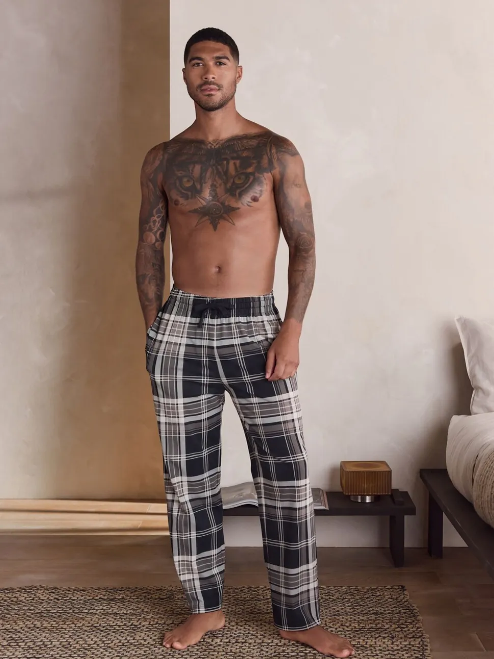Plum Purple/ Neutral Check Jersey Pyjama Bottoms 2 Pack
