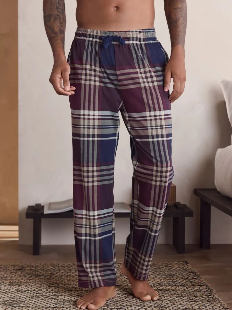 Plum Purple/ Neutral Check Jersey Pyjama Bottoms 2 Pack