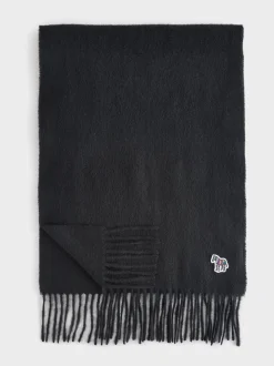 PS Paul Smith Black Wool Zebra Print Logo Stripe Scarf