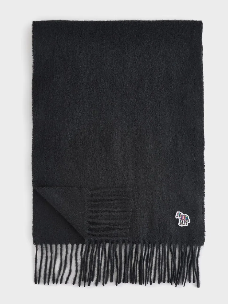 PS Paul Smith Black Wool Zebra Print Logo Stripe Scarf