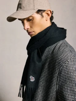 PS Paul Smith Black Wool Zebra Print Logo Stripe Scarf