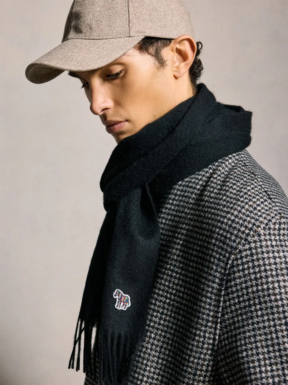 PS Paul Smith Black Wool Zebra Print Logo Stripe Scarf
