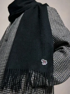 PS Paul Smith Black Wool Zebra Print Logo Stripe Scarf