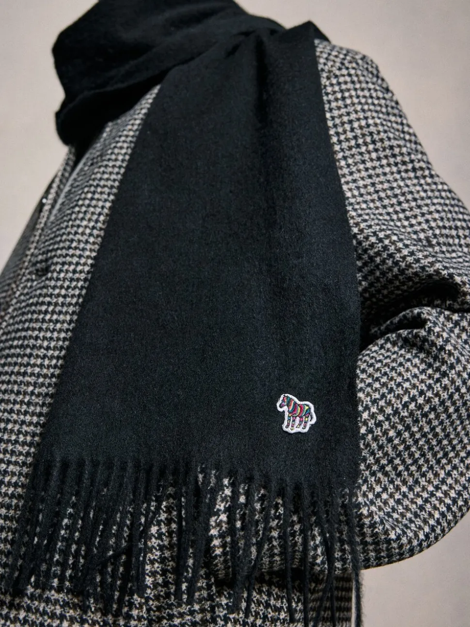 PS Paul Smith Black Wool Zebra Print Logo Stripe Scarf