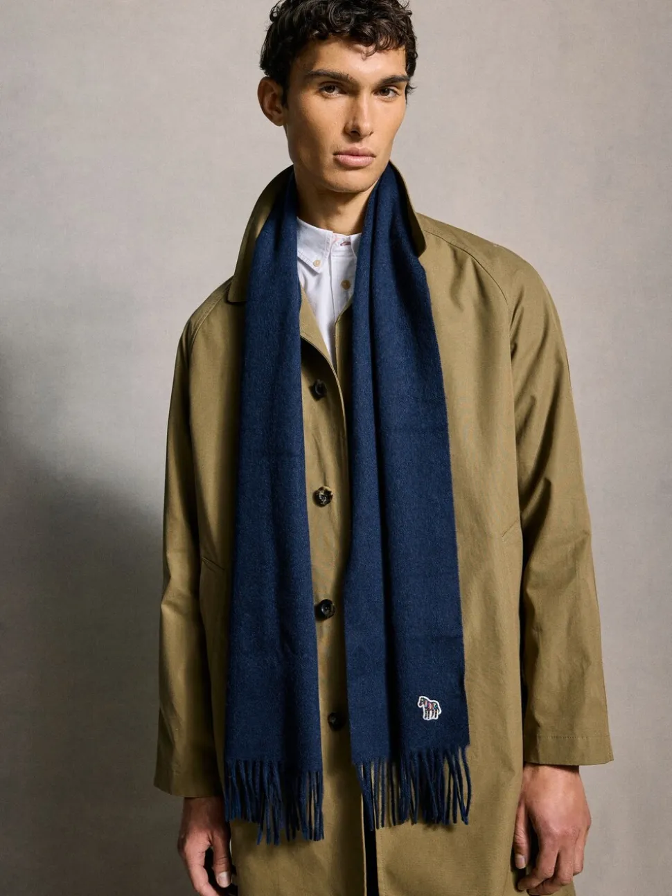 PS Paul Smith Navy Wool Zebra Print Logo Stripe Scarf