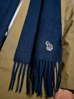 PS Paul Smith Navy Wool Zebra Print Logo Stripe Scarf