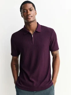 Purple Textured Smart Zip Neck Polo Shirt