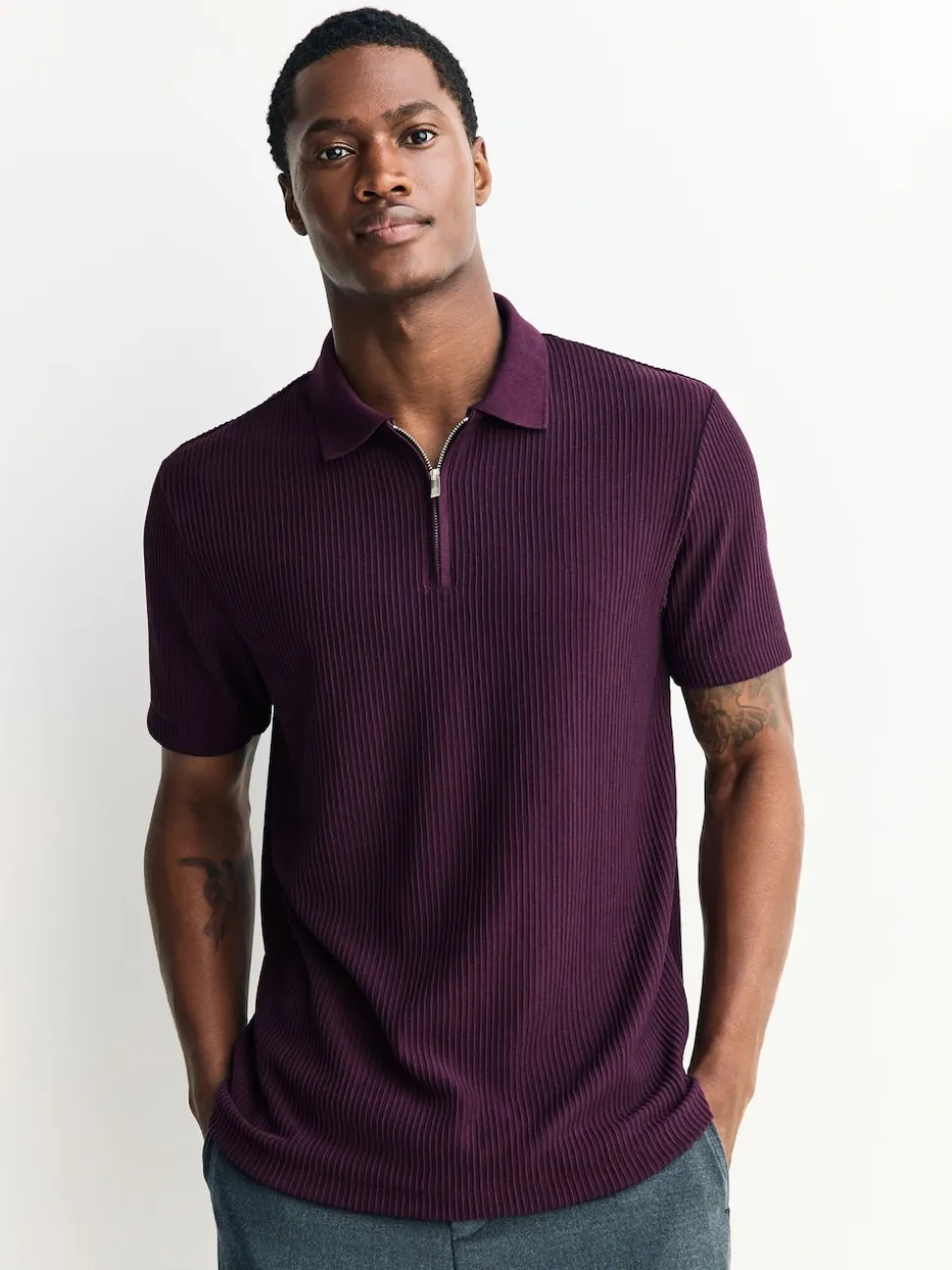 Purple Textured Smart Zip Neck Polo Shirt