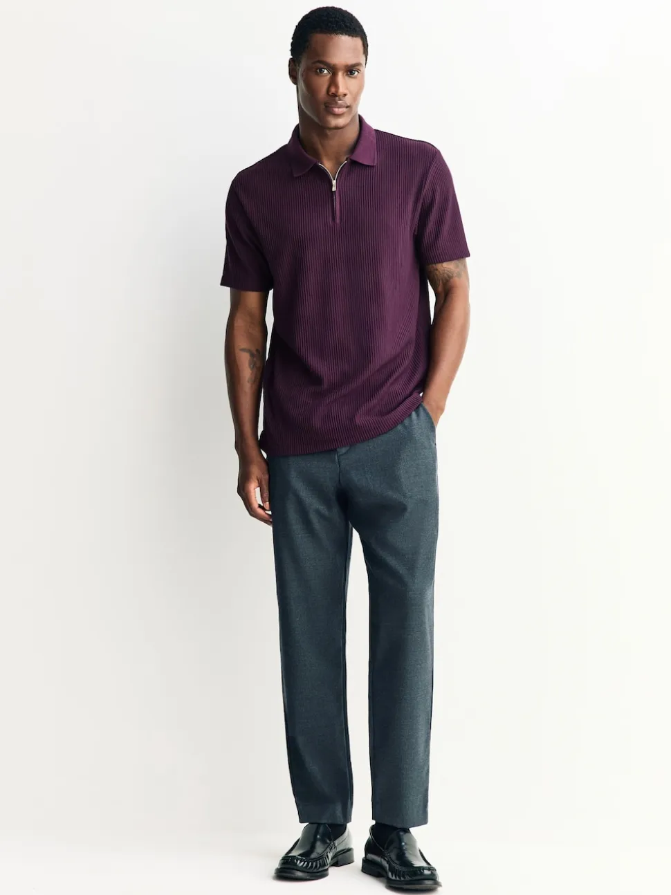 Purple Textured Smart Zip Neck Polo Shirt