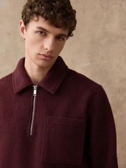 Purple Wool Look Quarter Zip Polo Top