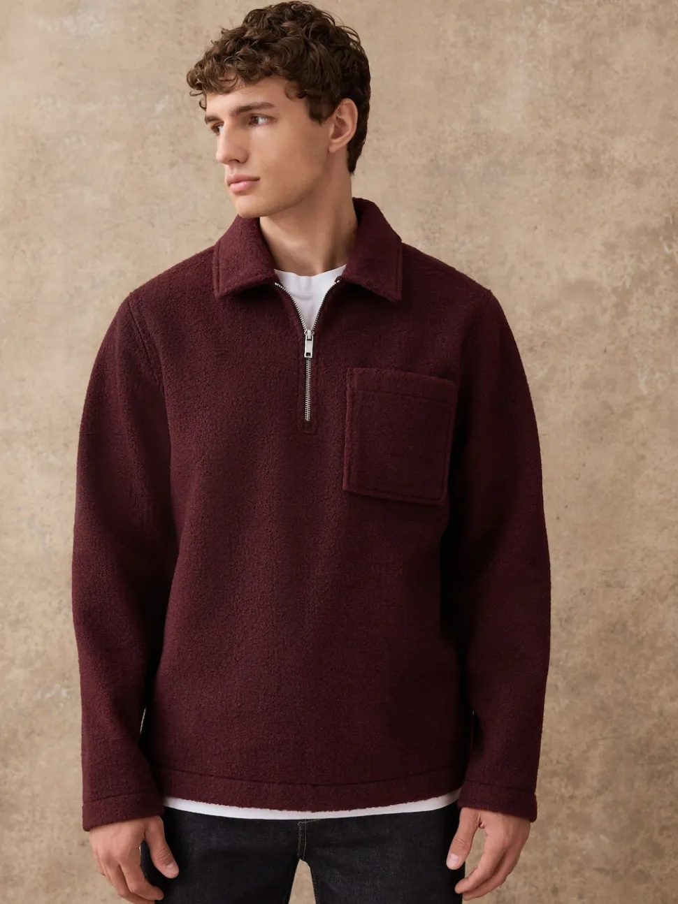 Purple Wool Look Quarter Zip Polo Top