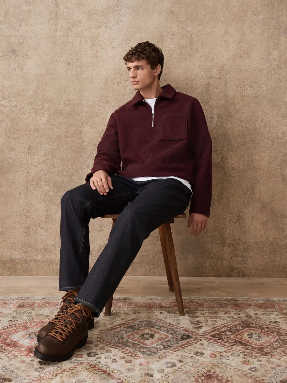 Purple Wool Look Quarter Zip Polo Top