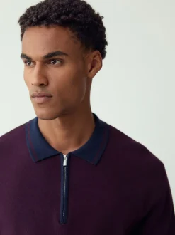 Purple/Navy Blue Zip Neck N.Premium Regular Fit Premium Mid Weight Long Sleeve Knit Polo Shirt