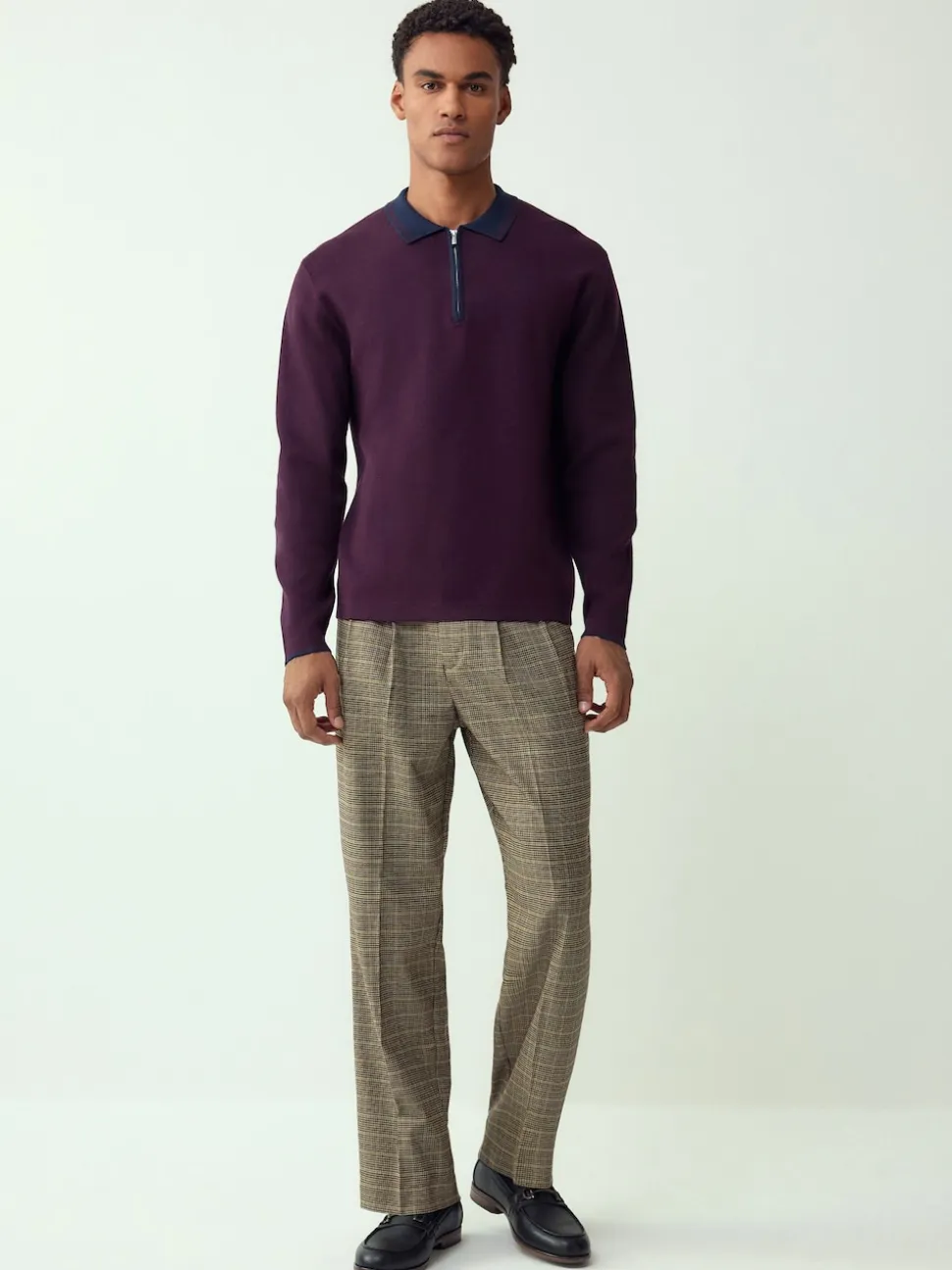 Purple/Navy Blue Zip Neck N.Premium Regular Fit Premium Mid Weight Long Sleeve Knit Polo Shirt