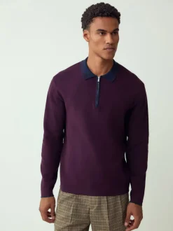 Purple/Navy Blue Zip Neck N.Premium Regular Fit Premium Mid Weight Long Sleeve Knit Polo Shirt
