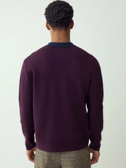 Purple/Navy Blue Zip Neck N.Premium Regular Fit Premium Mid Weight Long Sleeve Knit Polo Shirt
