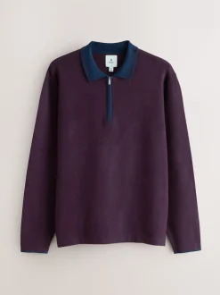 Purple/Navy Blue Zip Neck N.Premium Regular Fit Premium Mid Weight Long Sleeve Knit Polo Shirt