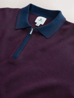 Purple/Navy Blue Zip Neck N.Premium Regular Fit Premium Mid Weight Long Sleeve Knit Polo Shirt