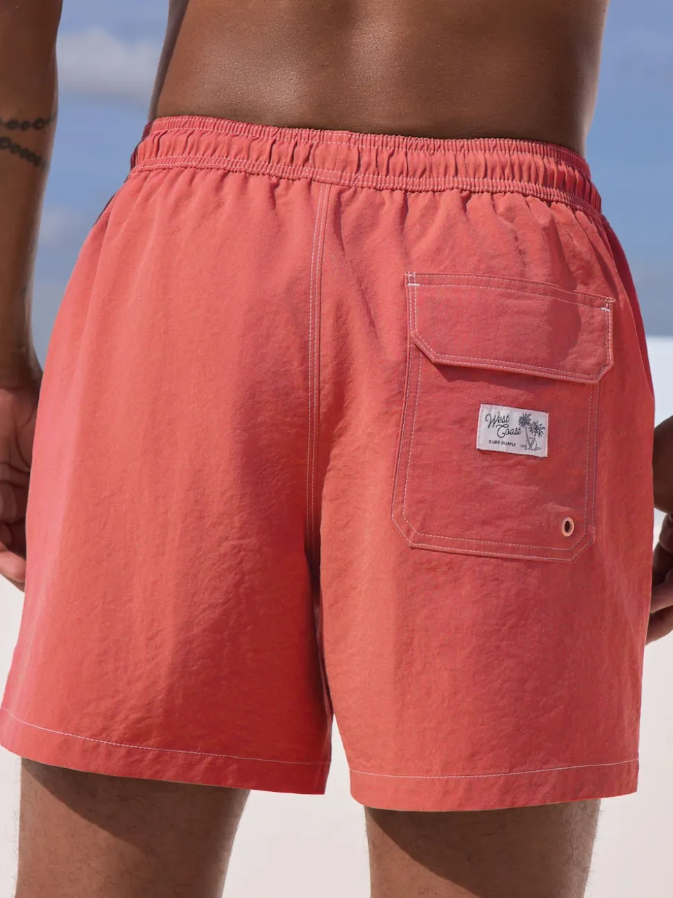 Red Contrast Stitch Swim Shorts