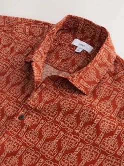 Red Cotton Linen Printed Short Sleeve Shirt