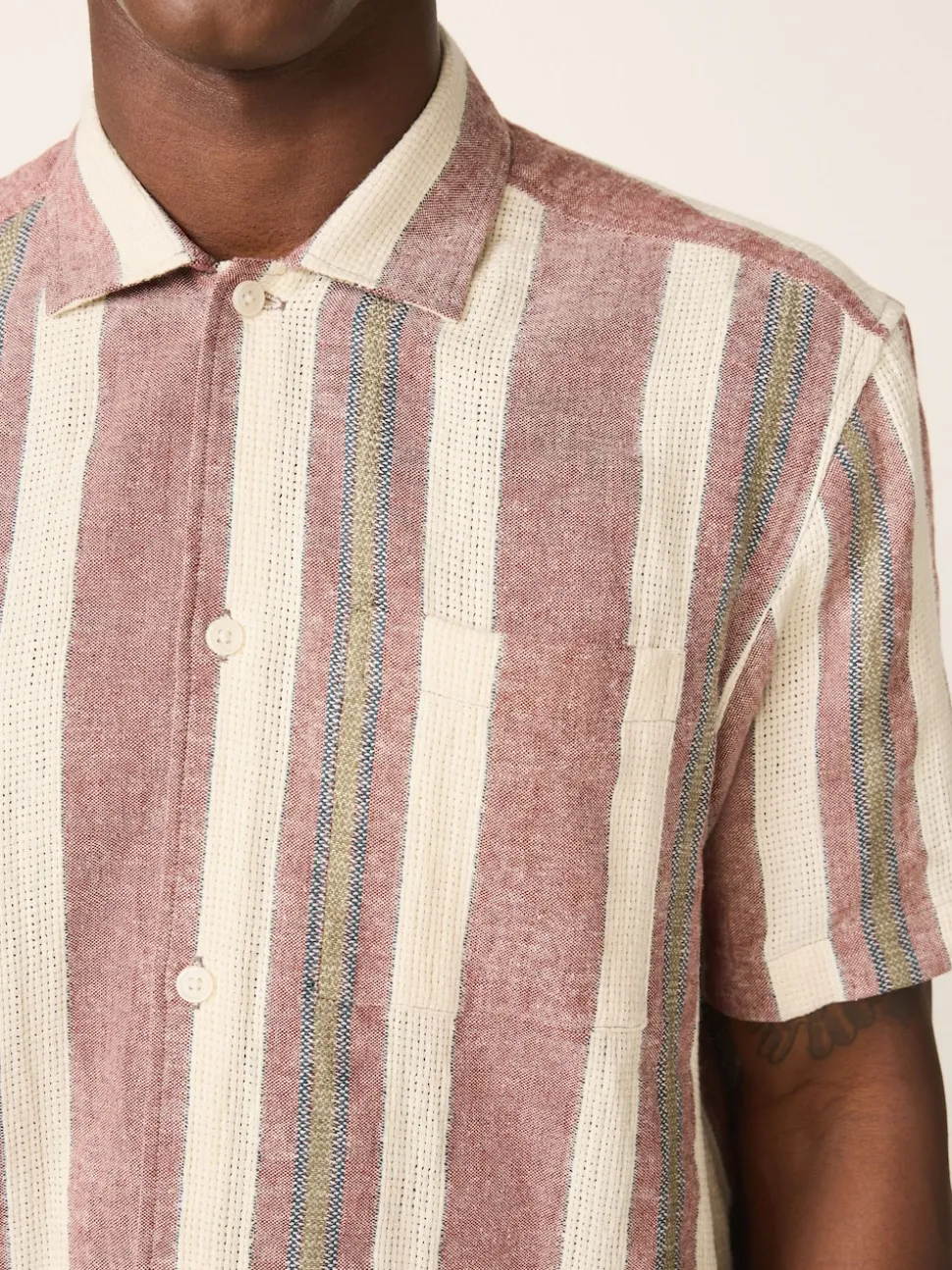Red Stripe Textured Short Sleeve Shirt