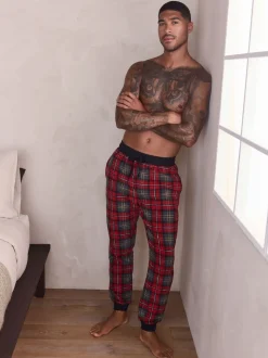Red Tartan Thermal Fleece Cuffed Check Pyjama Bottoms