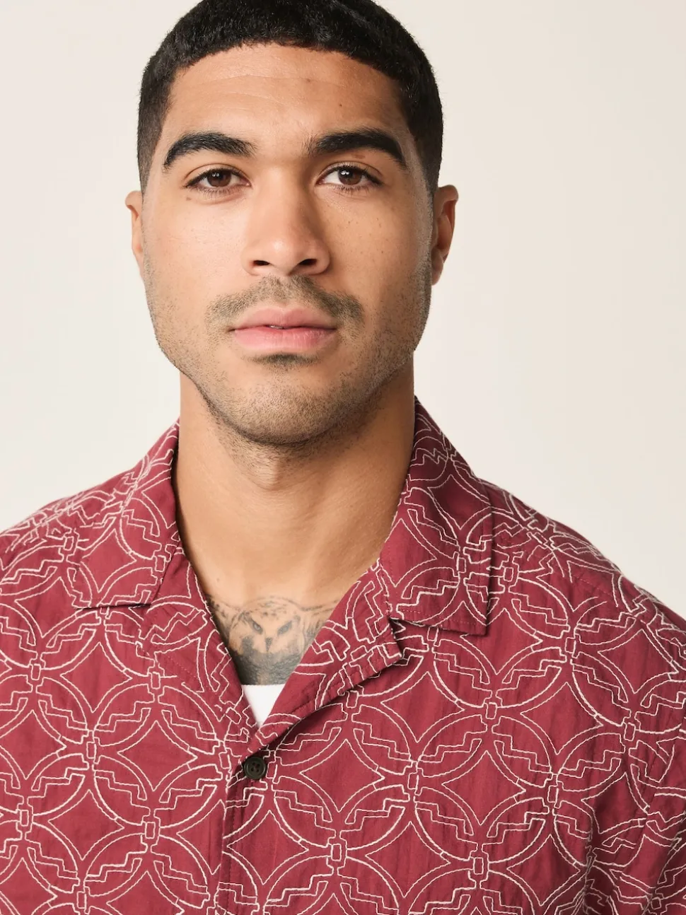 Red Textured Embroidered Tile Short Sleeve Shirt