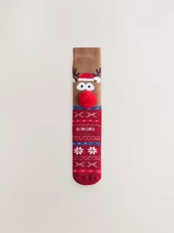 Red/Brown Rudolph Slipper Socks 1 Pack