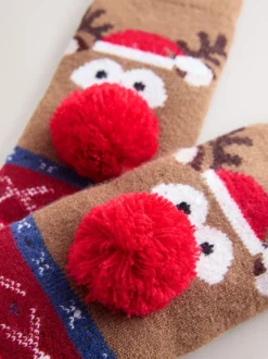 Red/Brown Rudolph Slipper Socks 1 Pack