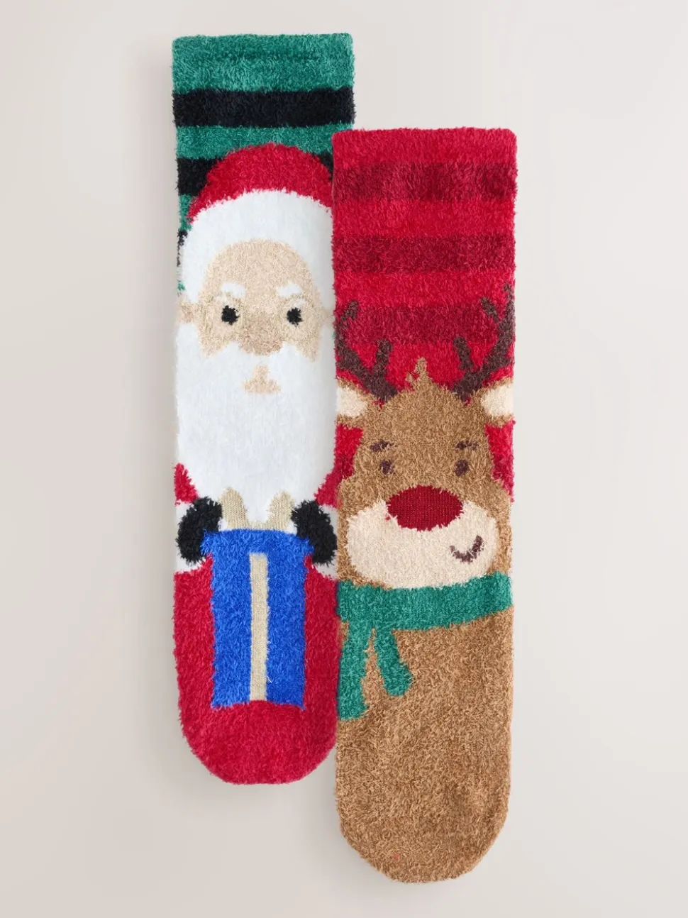 Red/Green Santa and Reindeer Christmas Pattern Cosy Socks 2 Pack