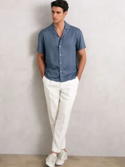 Reiss Airforce Blue Ando Jacquard-Stripe Cuban-Collar Shirt
