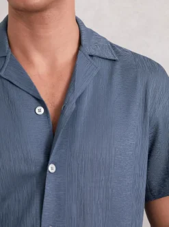 Reiss Airforce Blue Ando Jacquard-Stripe Cuban-Collar Shirt