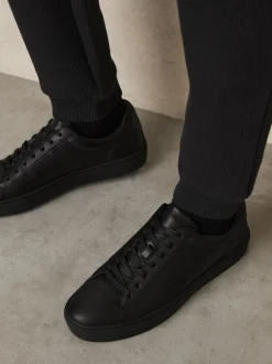 Reiss All Black Finley Leather Low-Top Trainers