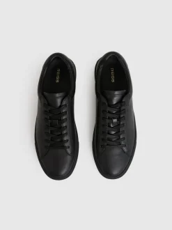 Reiss All Black Finley Leather Low-Top Trainers