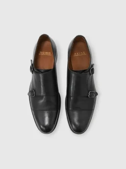 Reiss Black Amalfi Leather Double Monk Strap Shoes
