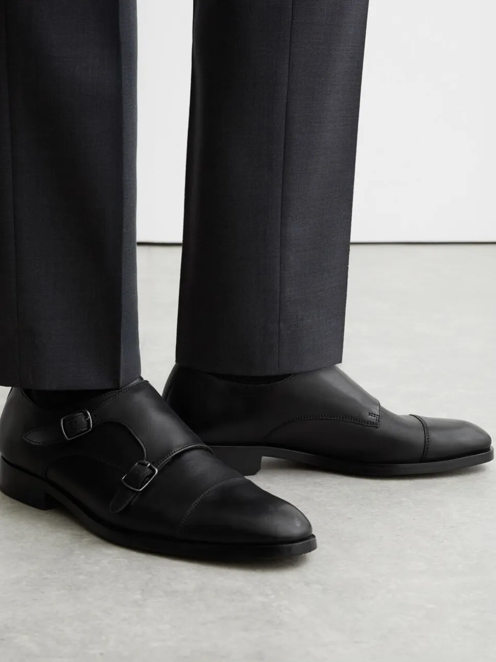 Reiss Black Amalfi Leather Double Monk Strap Shoes