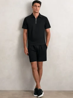 Reiss Black Barber Textured Drawstring Shorts