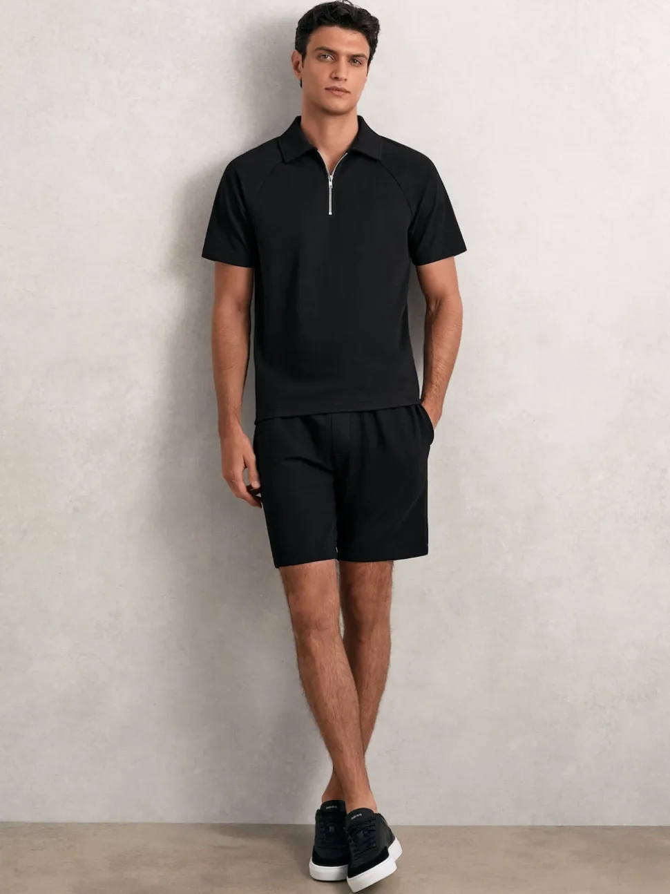 Reiss Black Barber Textured Drawstring Shorts