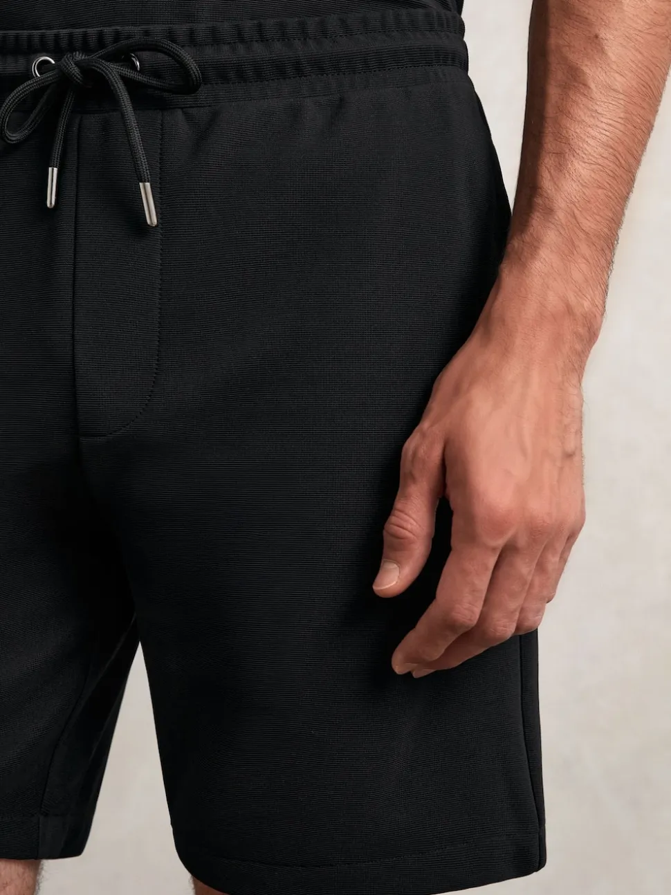 Reiss Black Barber Textured Drawstring Shorts