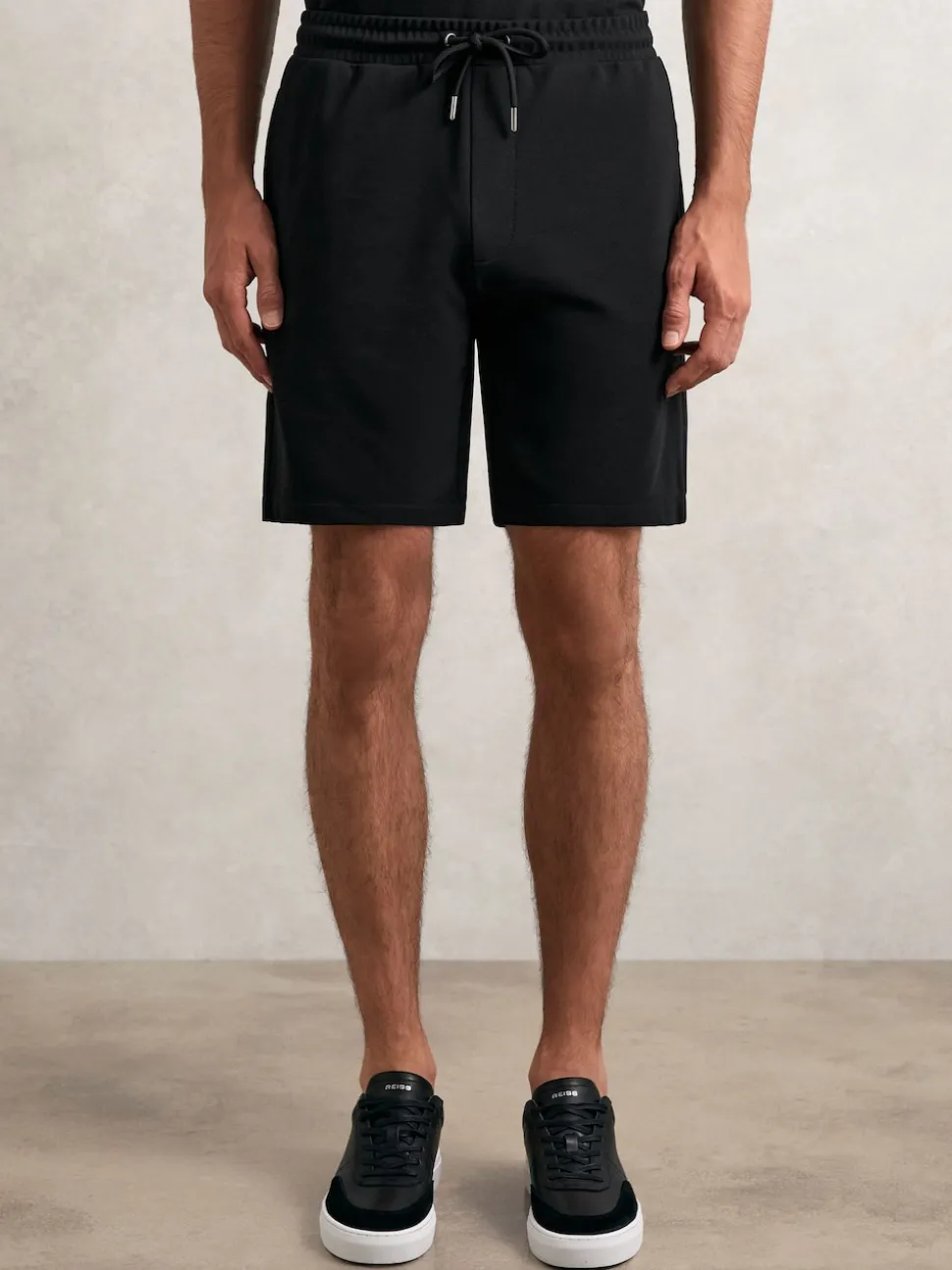 Reiss Black Barber Textured Drawstring Shorts