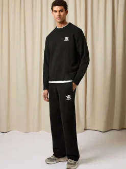 Reiss Black Blake Monogram Wool Wide-Leg Knitted Joggers