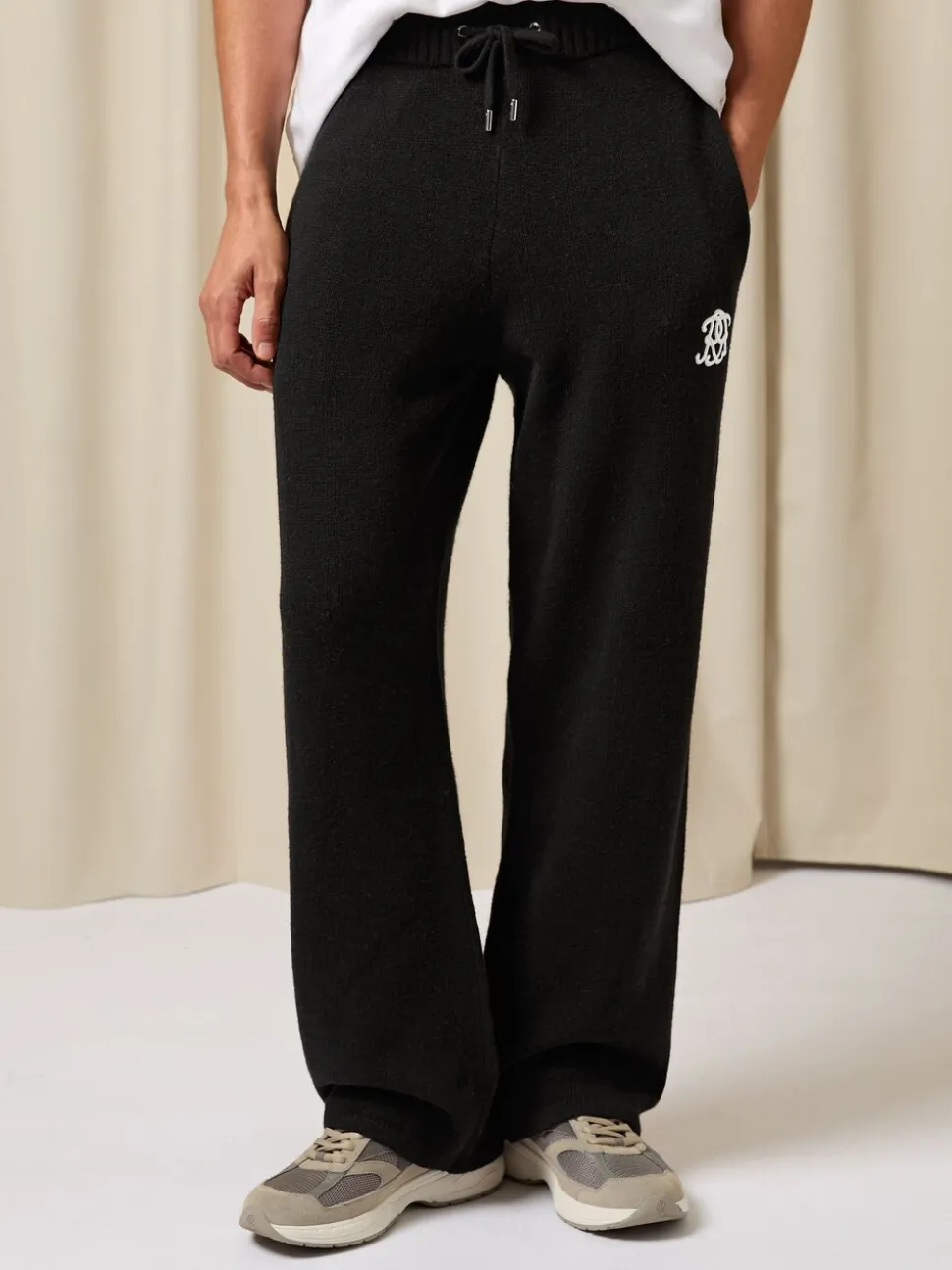 Reiss Black Blake Monogram Wool Wide-Leg Knitted Joggers