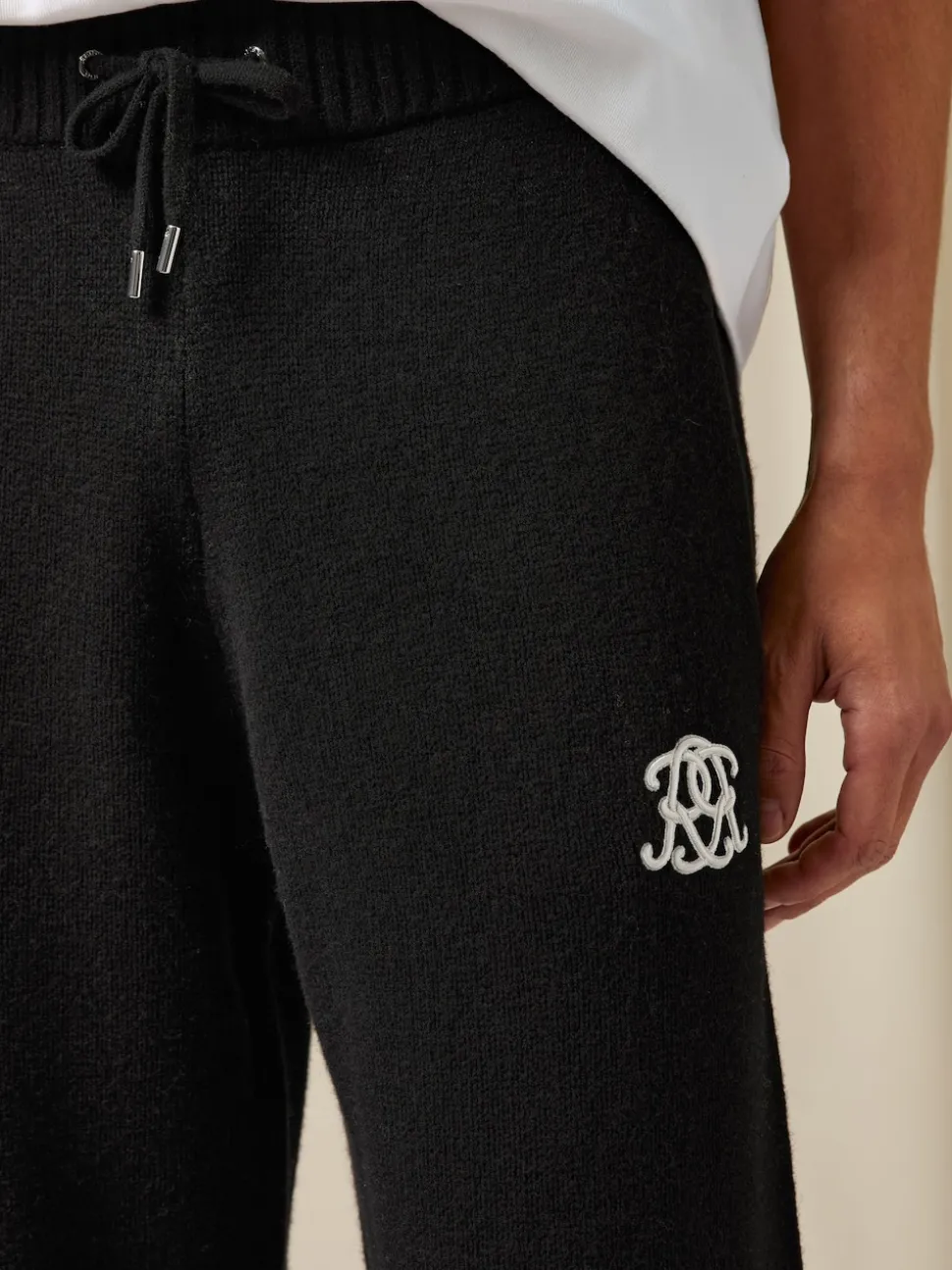 Reiss Black Blake Monogram Wool Wide-Leg Knitted Joggers