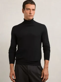 Reiss Black Caine Slim Fit Merino Wool Roll Neck Jumper