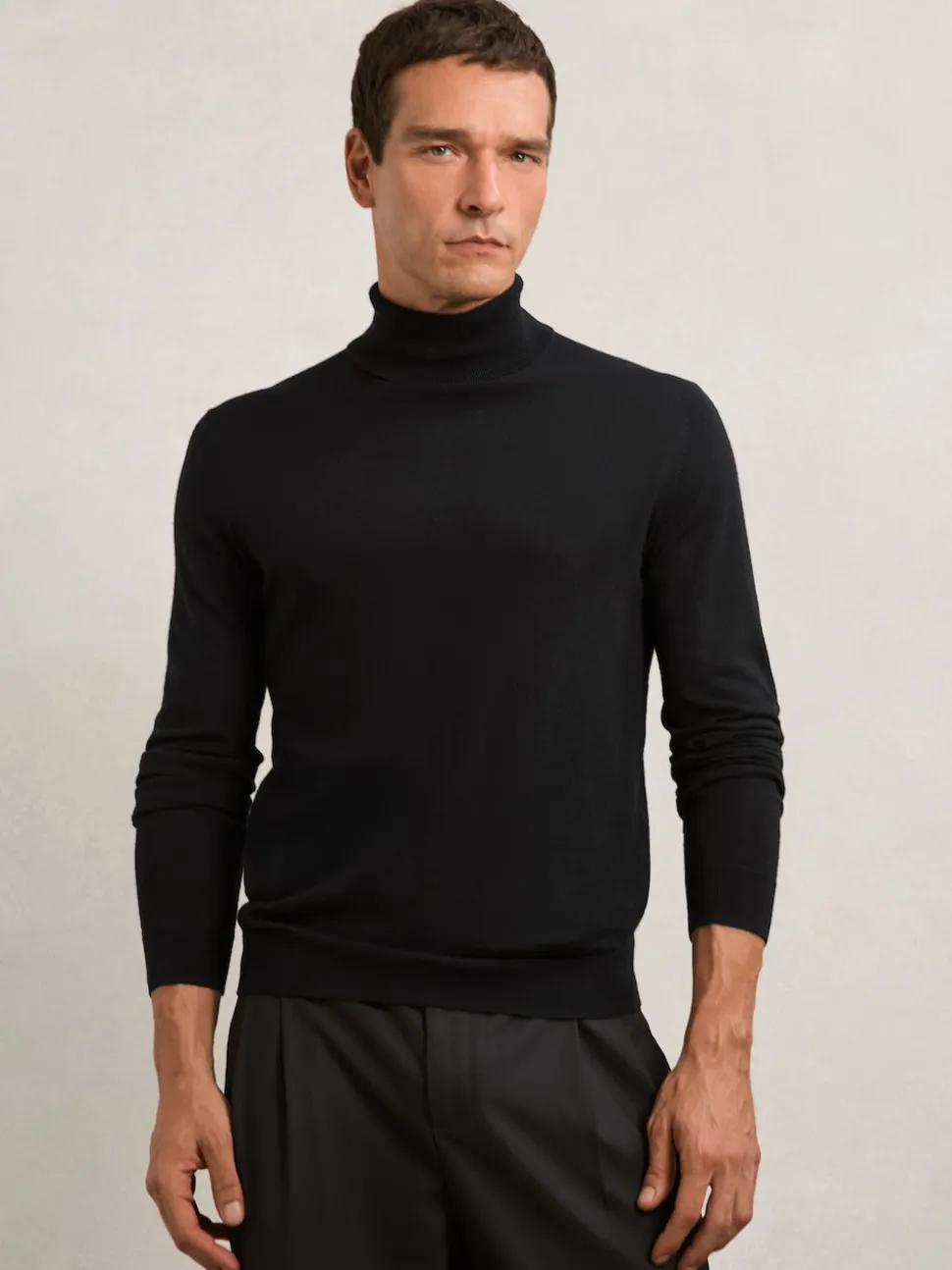 Reiss Black Caine Slim Fit Merino Wool Roll Neck Jumper