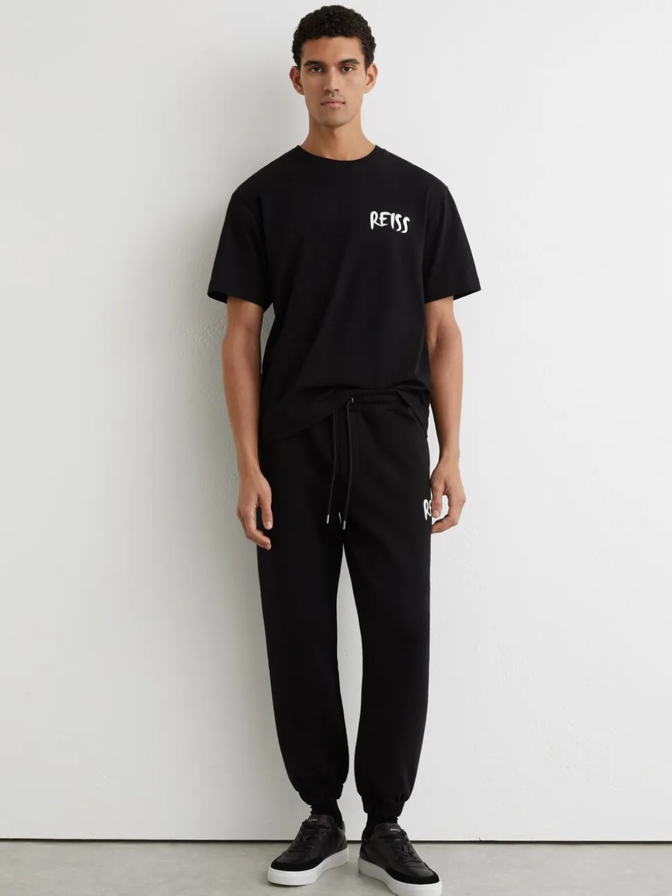 Reiss Black Edison Cotton Logo-Print Cuffed Joggers