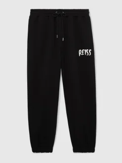Reiss Black Edison Cotton Logo-Print Cuffed Joggers