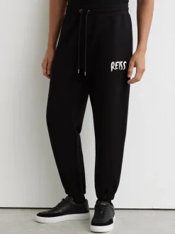Reiss Black Edison Cotton Logo-Print Cuffed Joggers